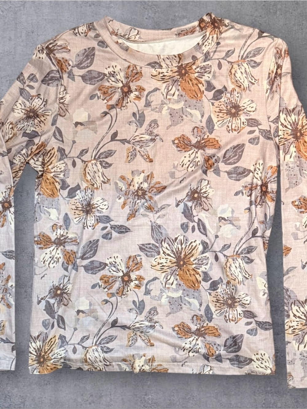 Emery Rose Womens M Floral Long Sleeve Top Beige Brown Stretch Crew Neck NWT
